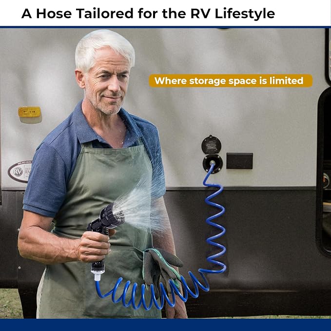 SpringHose RV Water Hose 3/8 in by 15-Foot Polyurethane Safe RV Drinking Water Hose - Premium and Lightweight Coiled Hose with Quick-Connect Male Adapter Plug and Nozzle, Made in Canada, Blue