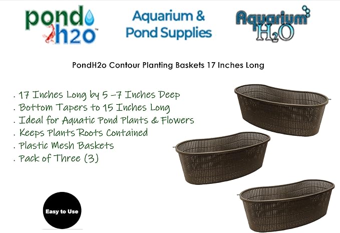 PondH2o Contour Kidney Shaped Plastic Slotted Mesh Aquatic Pond Plant Basket, 17 Inch (44cm), Value Three (3) Pack, Perfect for Lily's, Planting Pot, Baskets for Water Gardens, Aquaponics, Hydroponics