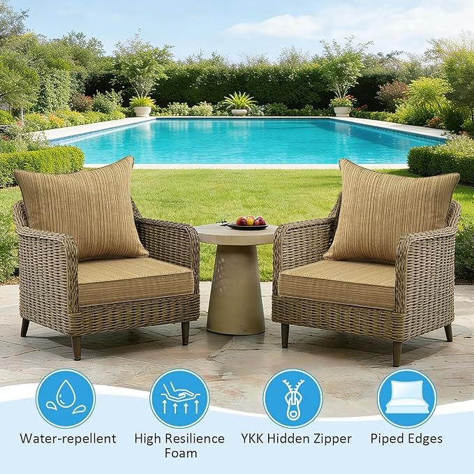 Outdoor Deep Seat & Back Cushion Set (2-Pack), 24 x 24 Inch Water Repellent and Fade Resistant Patio Furniture with Removable Cover for Outside Sofa Couch, Yellow Stripe