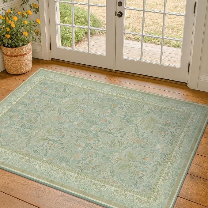 Sage Green 3x5 Area Rug for Entryway, Machine Washable Floral Large Door Mats Indoor Entrance, Non Skid & Low Pile Thin Rugs for Kitchen Bedroom, Reading Corner