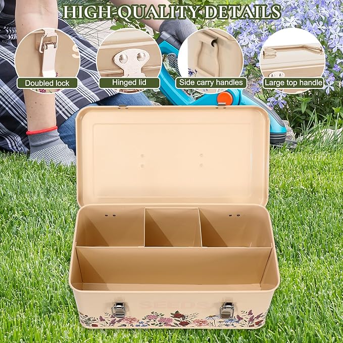 JarThenaAMCS Spring Wildflower Metal Seed Storage Organizer 4 Dividers Vintage Floral Metal Seed Saving Box with 50 Kraft Seeds Envelopes 50 Blank Plant Label Stakes 1 Marker Pen for Home Garden
