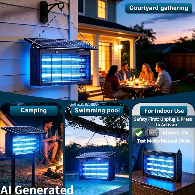 Solar Bug Zapper, 2500V Grid, 8000mAh Battery, 365-395nm UV Light, IPX5 Waterproof, Dusk-to-Dawn Sensor, 1 Acre Coverage, Black, for Outdoor Indoor Use (20inch)