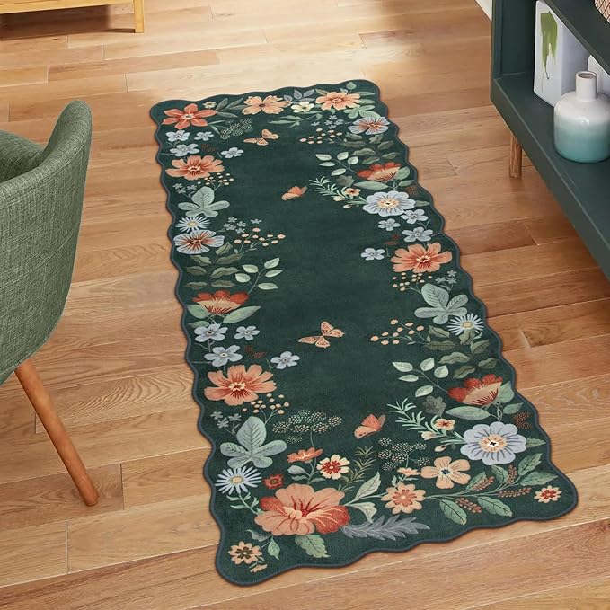 Lahome Floral Small Rug, 2x4 Kitchen Rugs Non Slip Washable Rug Ultra-Thin | Soft Front Door Mat Indoor Entrance Boho Low-Pile Entry Carpet for Bathroom Bedroom Flore (2x4ft, Dark Green)