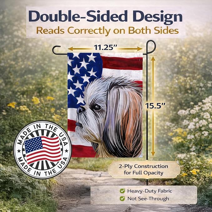 Caroline's Treasures CK6705GF Shih Tzu Dog American Flag Garden Flag Mailbox Flag Decorative Yard Flag Banner Outside Patio Artwork Yard Flower Beds, Garden Size, Multicolor