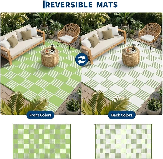 Garvee Waterproof Outdoor Rug 10x14, Checkered Foldable Plastic Straw Patio Camping Rug, Outdoor RV Carpet for Deck Camper Porch Balcony Backyard Picnic Beach Green and White