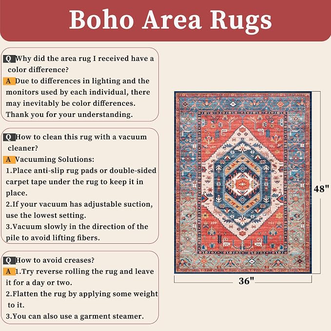 SERISSA 3x4 Washable Non Slip Boho Area Rug for Entryway，Rust | Ultra Soft Vintage Oriental Carpet Low-Pile Large Distressed Tribal Indoor Entrance Carpet for Bedroom Living Room Dorm Decor