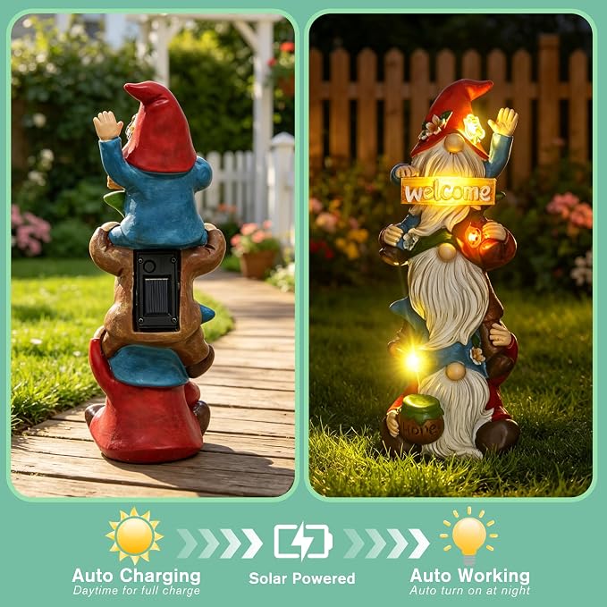 Garden Gnomes Outdoor Decor - Triple Stacked Gnome Statue with Solar Light - Weatherproof Resin Garden Decor for Outside Yard Lawn Patio - Unique Birthday Gift for Women Mom