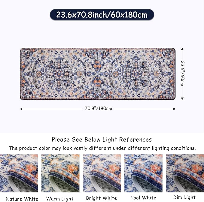 Lahome Reine 2x6 Blue Washable Hallway Runner Rug, Bohemian Floral Medallion Kitchen Carpet Runner, Soft Non Skid Floor Runners for Bathroom Bedroom Vanity Office Sunroom