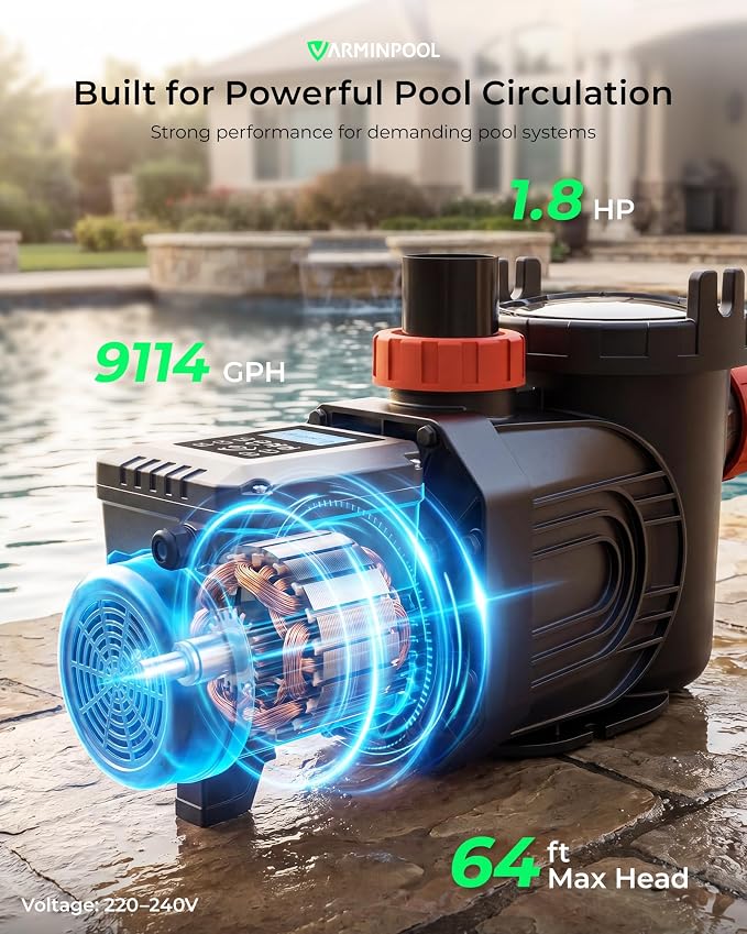 1.8 HP Variable Speed Pool Pump for Above & Inground Pools, Up to 9114 GPH, 220V Inverter Pool Pump with Permanent Magnet Motor, Energy Efficient, Saltwater Compatible