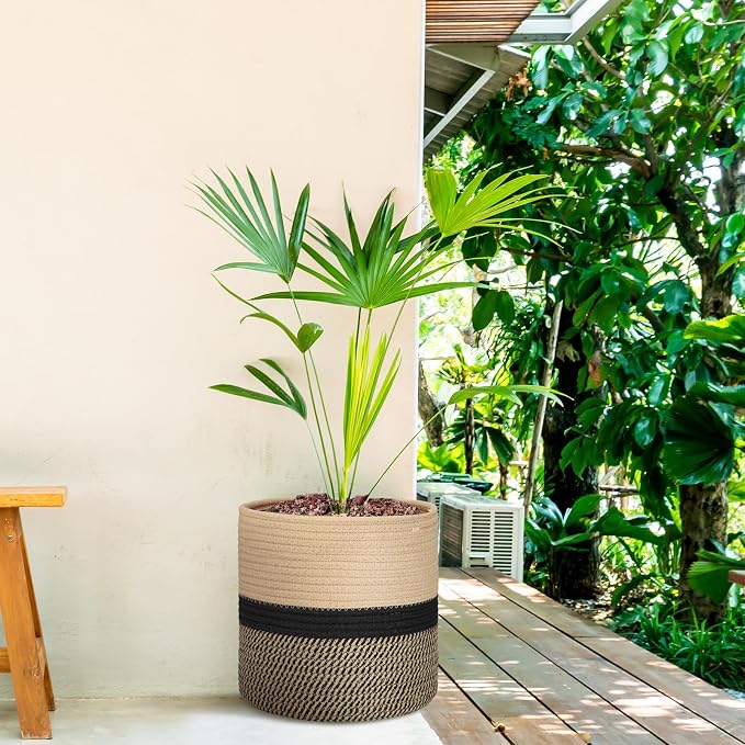 Plant Basket with Stand Indoor Planter Pot Holder Sturdy Jute Rope Modern Woven Basket, Cotton Rope Woven Pot with Bamboo Stand(10 Inch,Black and Beige Stripes)