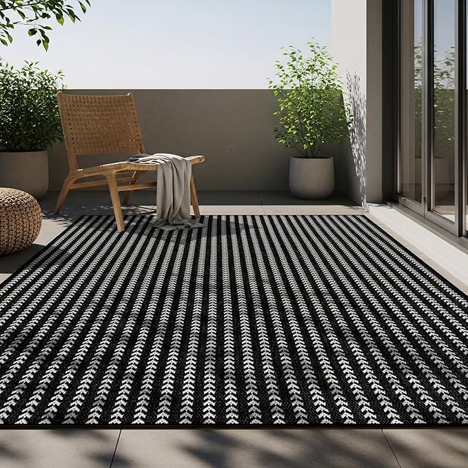 Washable Outdoor Rug 5x7 Modern Area Rugs Outdoor Carpets Striped Pattern Non Shedding Waterproof Easy Clean Patio Deck Porch Living Room Bedroom Garden RV (5 X 7 Black)