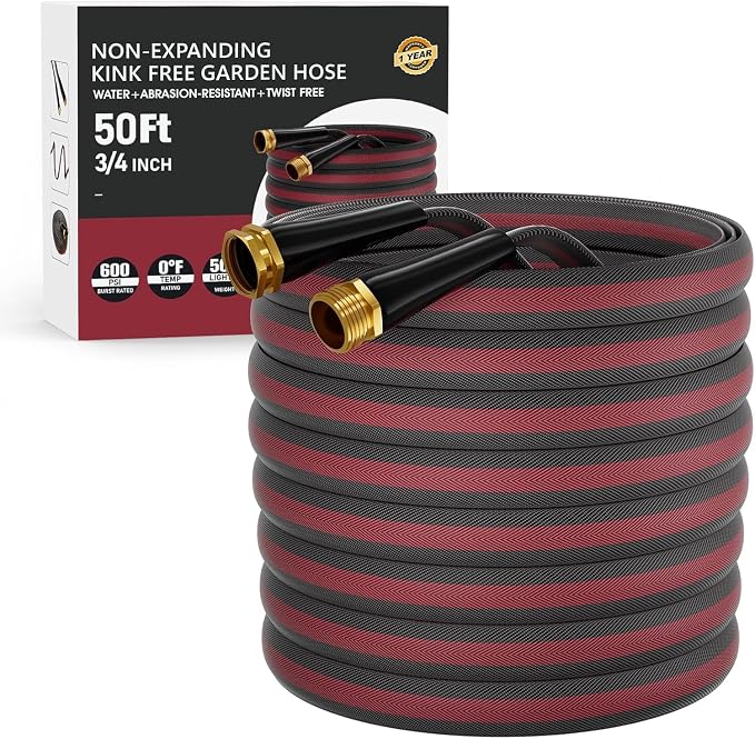 50ft Non-Expanding Garden Hose, Lightweight & Kink-Free, Flexible Heavy Duty Water Hose for Lawn, Yard, Car Washing