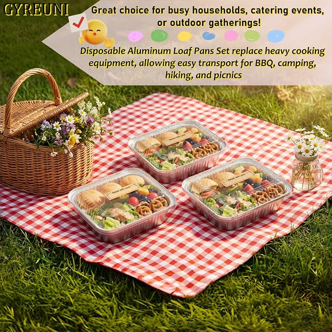 Gyeruni 100 Pack Disposable Aluminum Loaf Pans with Lids and Stickers Kit, 6" x 4.7" x 2" Small Foil Loaf Pans Disposable Mini Foil Baking Tins Trays for Food Containers/Cakes/Bread