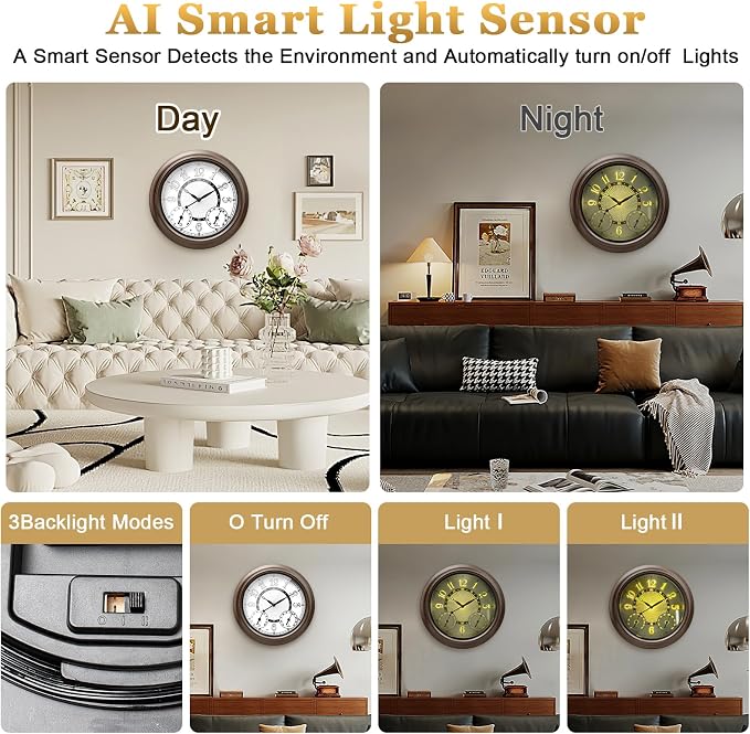 Pytha Sight Illuminated Large Metal Outdoor Clocks Waterproof 18 Inches With AI Auto Light Smart Sensor,Extra Big Indoor Outdoor Wall Clocks With Thermometer & Hygrometer for Patio, Pool, Garden,Porch