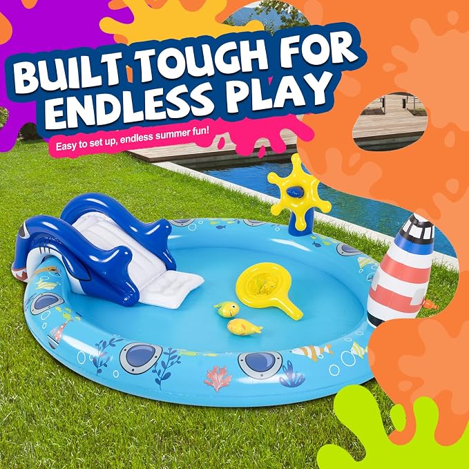 DIMAR GARDEN Inflatable Kids Swimming Pool Water Slide, Round Spray Pool Play Center, Blue