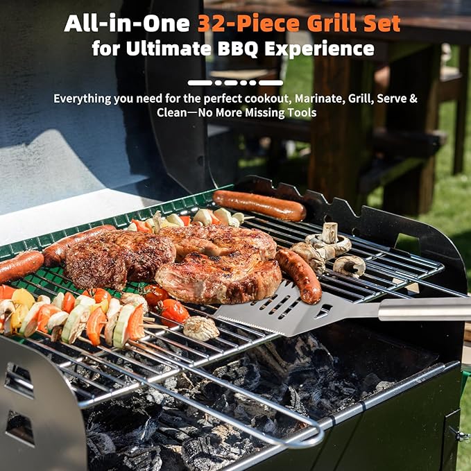 32PCS Grill Accessories Set Grilling Gifts for Men, 16 Inches Heavy Duty BBQ Accessories, Stainless Steel Grill Utensils Set with Thermometer, Grill Tools for Backyard Camping for Men Women - Sliver