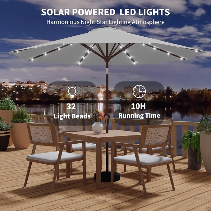 Kingdura 9FT Outdoor Patio Umbrella with Solar Lights, Market Table Umbrella with Push Button Tilt & Crank, 8 Sturdy Ribs, 32 LED Lights, UV Protection for Garden Lawn Deck Backyard Pool (Light grey)