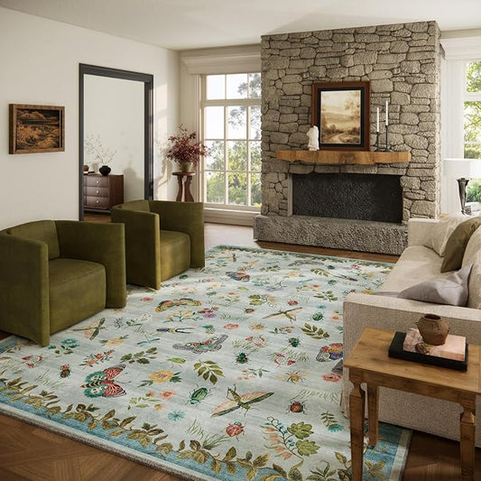 Machine Washable Rug for Living Room: 9x12 Area Rugs Vintage Rug Stain Resistant Non Slip Low Pile Soft Lightweight Carpets for Bedroom Kitchen Dining Room Nursery Kids Room Farmhouse Indoor