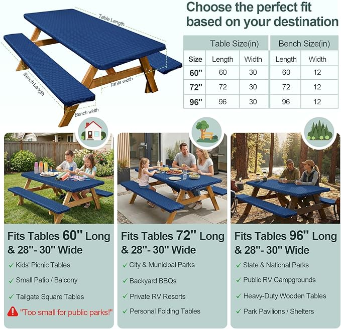 Play Tailor Picnic Table Cover with Bench Covers Camping Essentials Waterproof Windproof Camping Tablecloth with Drawstring Bag, Fitted Rectangle Tables and Seats, 72in, Deep Blue