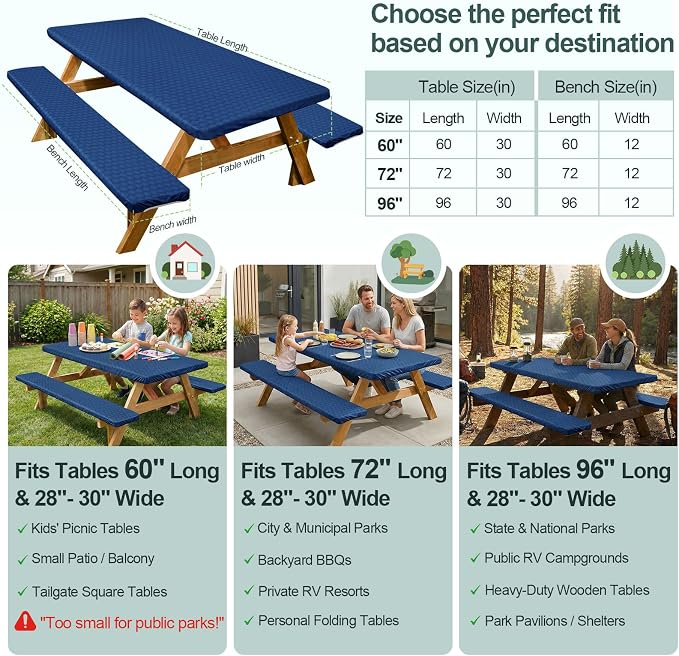Picnic Table Cover with Bench Covers Camping Essentials Waterproof Windproof Camping Tablecloth with Drawstring Bag, Fitted Rectangle Tables and Seats, 60in, Deep Blue
