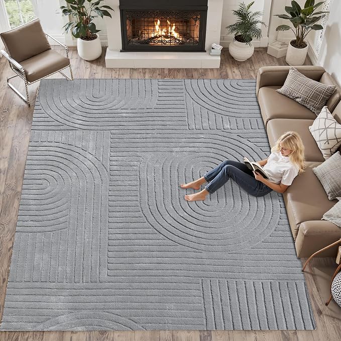 Grey Solid Area Rug 8x10, Large Washable Soft Rugs for Living Room | Soft Fluffy Modern Geometric Boho High-Low Pile Non Slip Carpet for Bedroom, Dining Room, Kids Room, Nursery,Apartment,Office