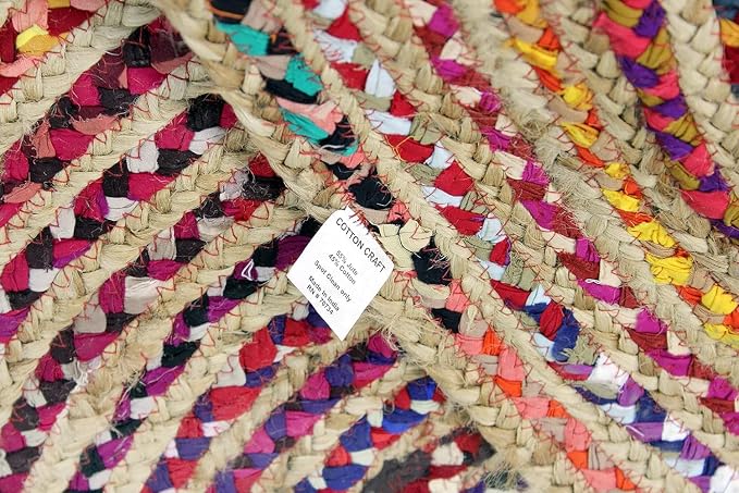 COTTON CRAFT Jute Chindi Braid Rag Rug - 3x5 Ft Oval Multi Color Area Rug | Handwoven Reversible Jute & Natural Recycled Cotton Boho Farmhouse Rustic Area Accent Rug - Living Room Carpet Home Décor