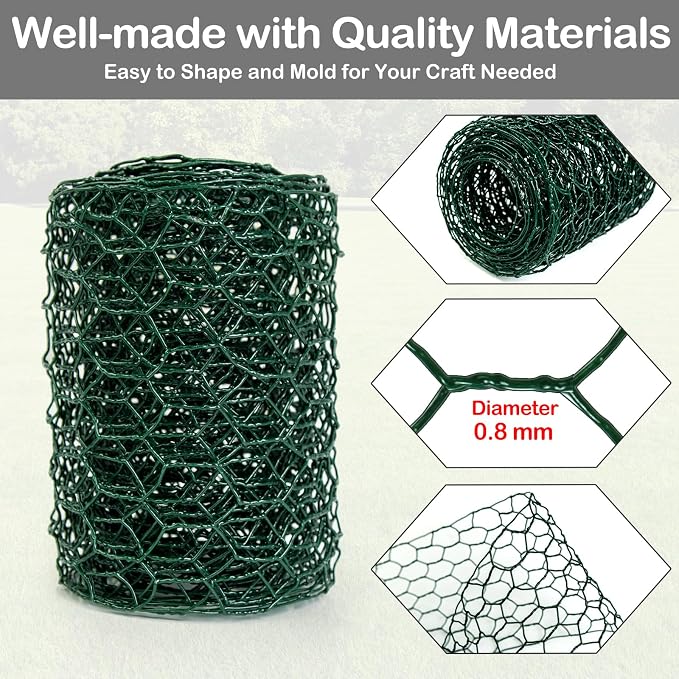 Chicken Wire 4in x 118in with a Pair of Gloves，1 Wire Cutter，50 Pcs Cable Zip Ties, Floral Chicken Wire Mesh 0.8mm Hexagonal Galvanized PVC Coated Garden Netting Fence for Craft Poultry Garden