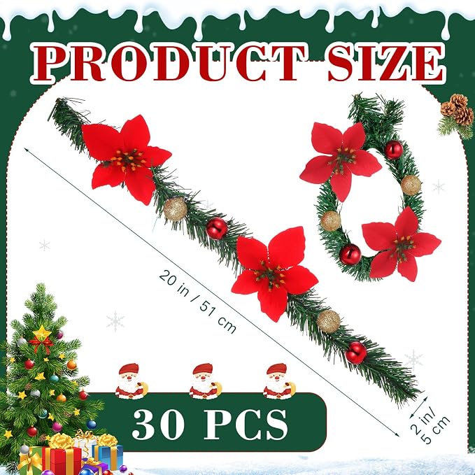 Zhengmy 30 Pcs 20 Inch Christmas Garland Ties with Poinsettia & Ornaments, Decorative Twist Tie for Banister Flexible Pine Stems for Christmas Stairs Railing Banister Decor DIY Craft Gift Wrapping