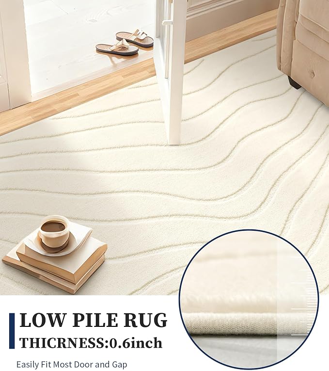 8x10 Abstract Wave Striped Area Rug, Modern Washable High-Low Pile Rug, Soft Textured Carpet for Living Room, Bedroom,Dining Room, Beige Ivory White