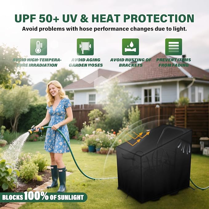 4-Wheel Garden Hose Reel Cart Cover – Weather-Resistant Protective Cover for Outdoor Hose Reels & Carts, Protects Against Sunlight, Rain, Snow, Sandstorms – Black