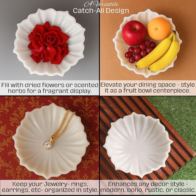 SWADESHI BLESSINGS HandCrafted Marble Lotus Bowl/Organic Modern Home Decor Bowl/Fruit Bowl/Vintage Ring Dish/Decorative Flower Dish/HouseWarming Gifts/Wedding Gifts/Urli (8 Inches)