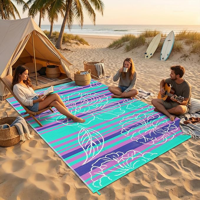 Garvee 6x9 Outdoor Waterproof Rug, Floral Outdoor Area Rug，Reversible Plastic Straw Patio Rug, Portable Camping Mat for RV, Picnic, Beach, Balcony, Garden & Camping Purple&Blue
