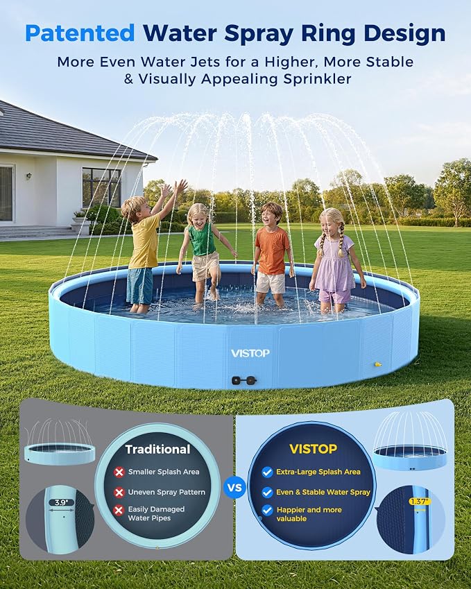 VISTOP 97" Foldable Dog Pool with Sprinkler, Large Hard Shell Pet Swimming Pool, Non-Slip Collapsible Kiddie Pool for Backyard Outdoor Summer Water Play