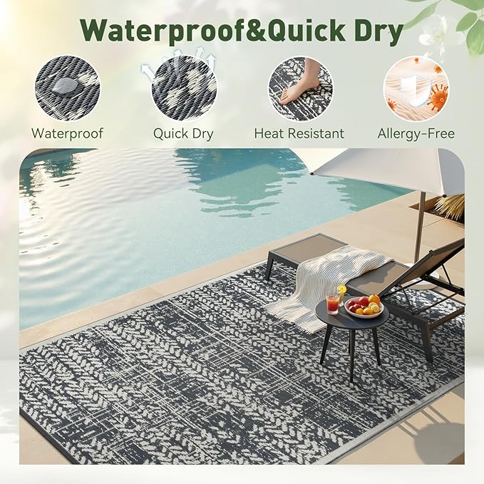 MontVoo Outdoor Rug Waterproof-Patio Rug Mat 6x9 Outdoor RV Camping Picnic Beach Mat Plastic Straw Rugs Outside Outdoor Area Rugs for Balcony Deck Backyard Grey