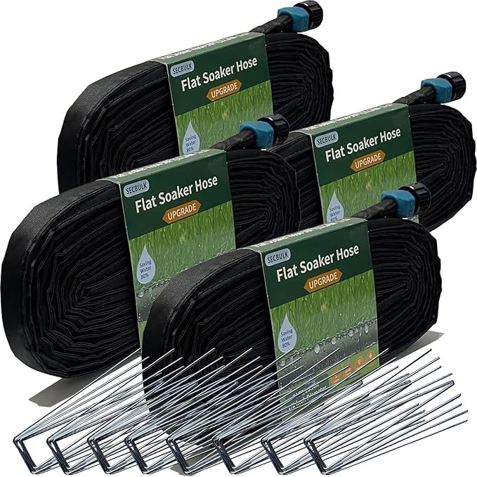 Secbulk 2026 Flat Soaker Hose 200 ft with Stakes for Garden, 50ft x 4 Linkable Drip Hose Diy Garden Irrigation System Saving 80% Water, Dual-layer Leak-free Design Water Hose with Holes