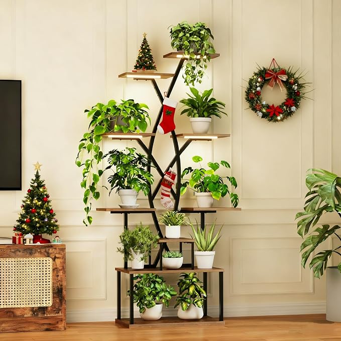 Plant Stand Indoor with Grow Lights - 9 Tiered 66" Tall Metal Plant Shelf, Curved Plant Stand with Adjustable Feets for Multiple Plants, Corner Flower Shelf for Living Room, Patio