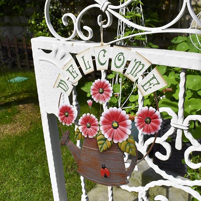 Metal Flower Welcome Sign Garden Decor Decorative Wall Hanging Plaque Sign Flower Decor Garden Hanging Welcome Sign Home Porch Door Decoration (Daisy flower)