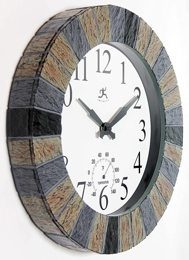 Infinity Instruments 13 inch Outdoor Wall Clock Faux Slate with Built-in Thermometer Combo Waterproof Large Outdoor Clock for Patios Weatherproof Battery Operated Quartz Movement