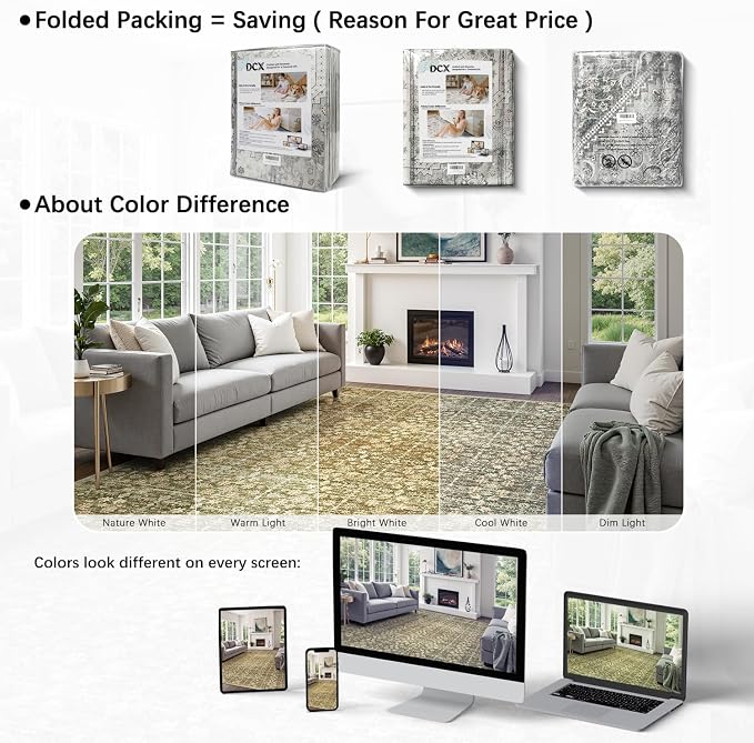 DCX 5x7 Neutral Rug, Kid & Pet Friendly with Rubber Back Non Slip, Machine Washable Stain Resistant Olive Green Floral Rug for Living Room, Bedroom, Soft Low Pile Large Nursery Carpet