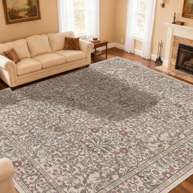 Area Rug for Living Room, 10x12 Large Washable Rugs for Dining Room, Bedroom, Non Slip Stain Resistant Carpet, Low Pile Vintage Floral Rug (Moss)