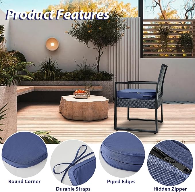 IPYNBAP Outdoor Chair Cushions Set of 4 -Waterproof Outdoor Seat Cushions for Patio Furniture, Patio Chair Cushion with Handle and Ties, Out Door Chair Pads,19x19x3-Round, Navy Blue