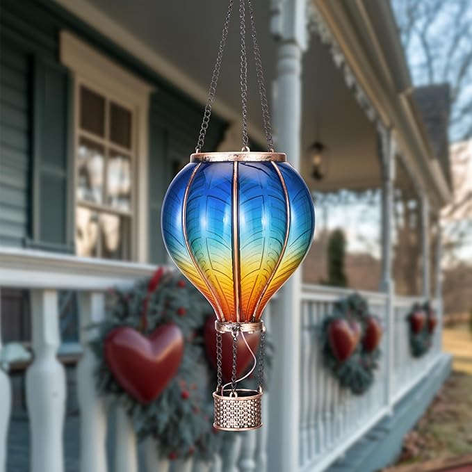 TERESA'S COLLECTIONS Hot Air Balloon Lantern for Garden Decor ,Flickering Flame Hanging Light for Outdoor ,Blue & Yellow Plastic Lamp for Yard Tree Gift for Mom