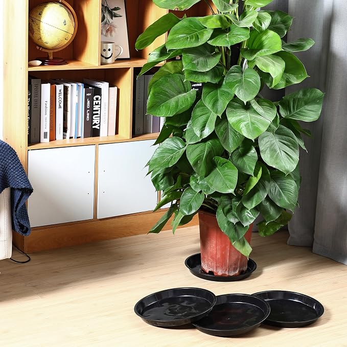 Sawysine 15 Pack Plastic Plant Saucer Round Drip Trays Black Flower Pot Saucers Thick Plant Dish Sturdy Water Tray Heavy Drainage Potted Container for Indoor Outdoor Garden (10 Inches)