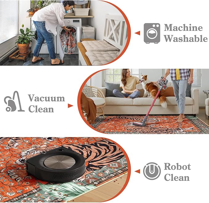 Moynesa Tiger Washable Area Rug, Boho 6x9 Rug for Living Room, Vintage Large Soft Bedroom Rug, Non Slip Ultra Thin Stain Resistant Floor Carpet for Dining Room Home Office, Rust