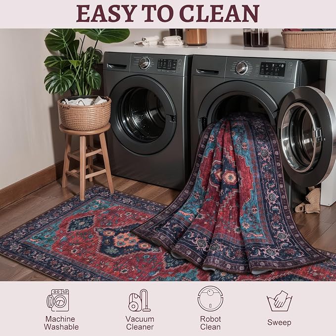 Tangsoo 2.6x10 Washable Hallway Runner Rug,Vintage Non Slip Runner Rug | Oriental Soft Low Pile Long Rug Runner, Boho Print Carpet Runners for Hallway Kitchen Bedroom Entryway Living Room Burgundy