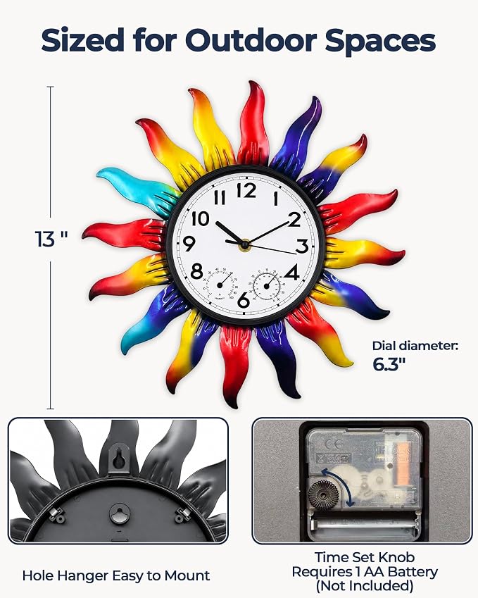13 Inch Metal Outdoor Wall Clock Colorful Sun Decor Waterproof Outside Clock with Thermometer Humidity Gauge Silent Non Ticking Quartz Timepiece for Garden, Patio, Fence, Yard Gift