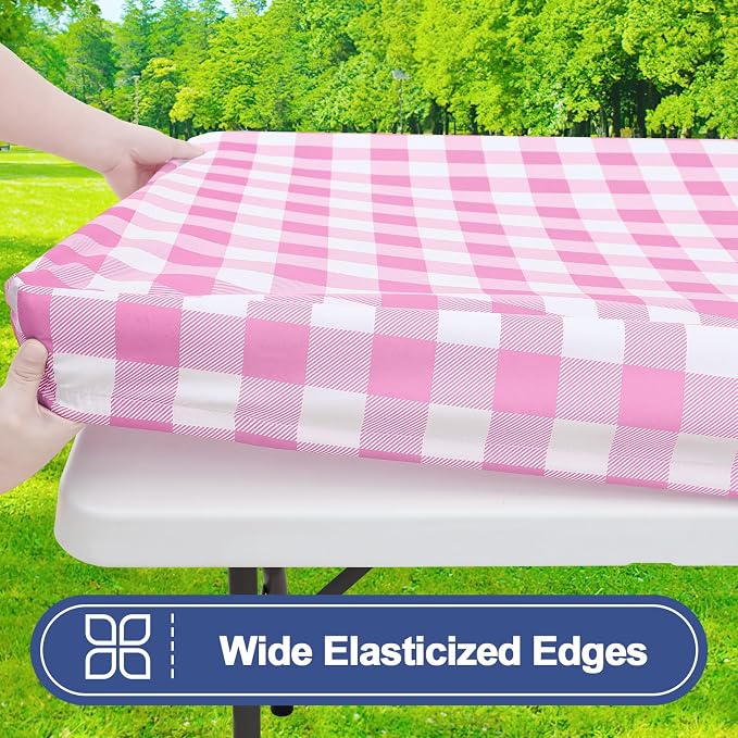 Smiry Picnic Table Cover with Bench Covers, Waterproof Elastic Fitted Tablecloths for 8 Foot Rectangle Tables, Washable Buffalo Plaid Tablecloth for Camping, Outdoor (Pink & White, 30"x96")