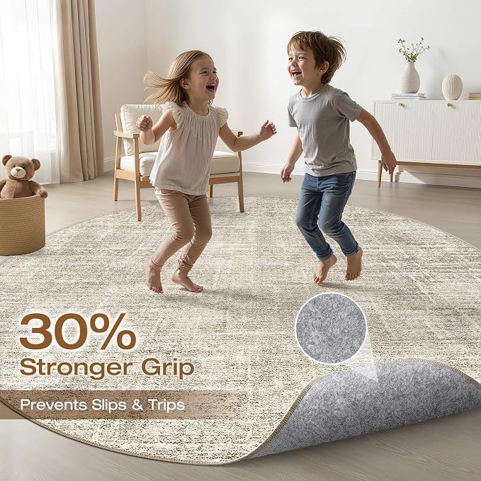 LOONGRUG Round Rug 10x10 Washable Neutral Modern Rug for Living Room Brown | Circle Large Abstract Soft Stain Resistant Indoor Non-Slip Carpet for Bedroom Nursery Kids Office Playroom Dining Room