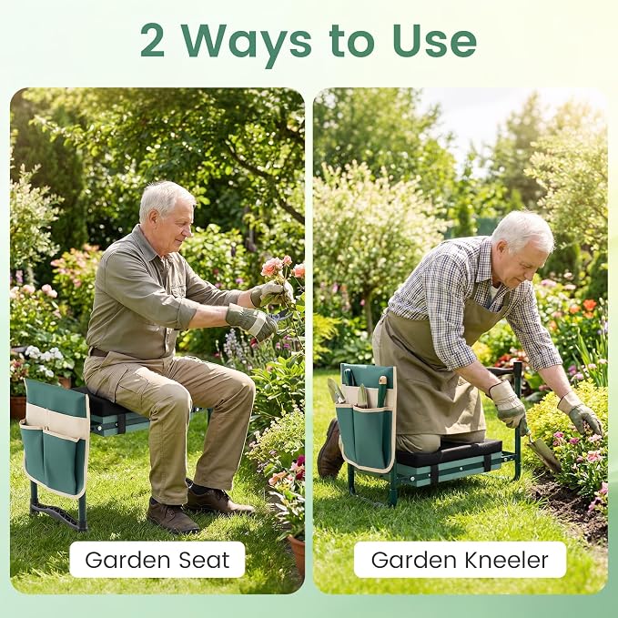 2-in-1 Garden Kneeler and Seat, Folding Garden Seat w/EVA Foam Kneeling Pad & Removable Tools Pouch, Sturdy Steel Frame, No Assembly, Portable Heavy Duty Garden Stool w/Detachable Armrests