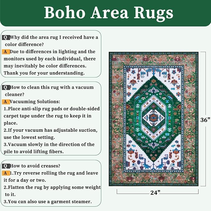 SERISSA 2x3 Washable Non Slip Boho Small Area Rug for Entryway，Green White | Ultra Soft Vintage Oriental Carpet Low-Pile Tribal Indoor Mat for Bedroom Kitchen Bathroom Entrance Floor